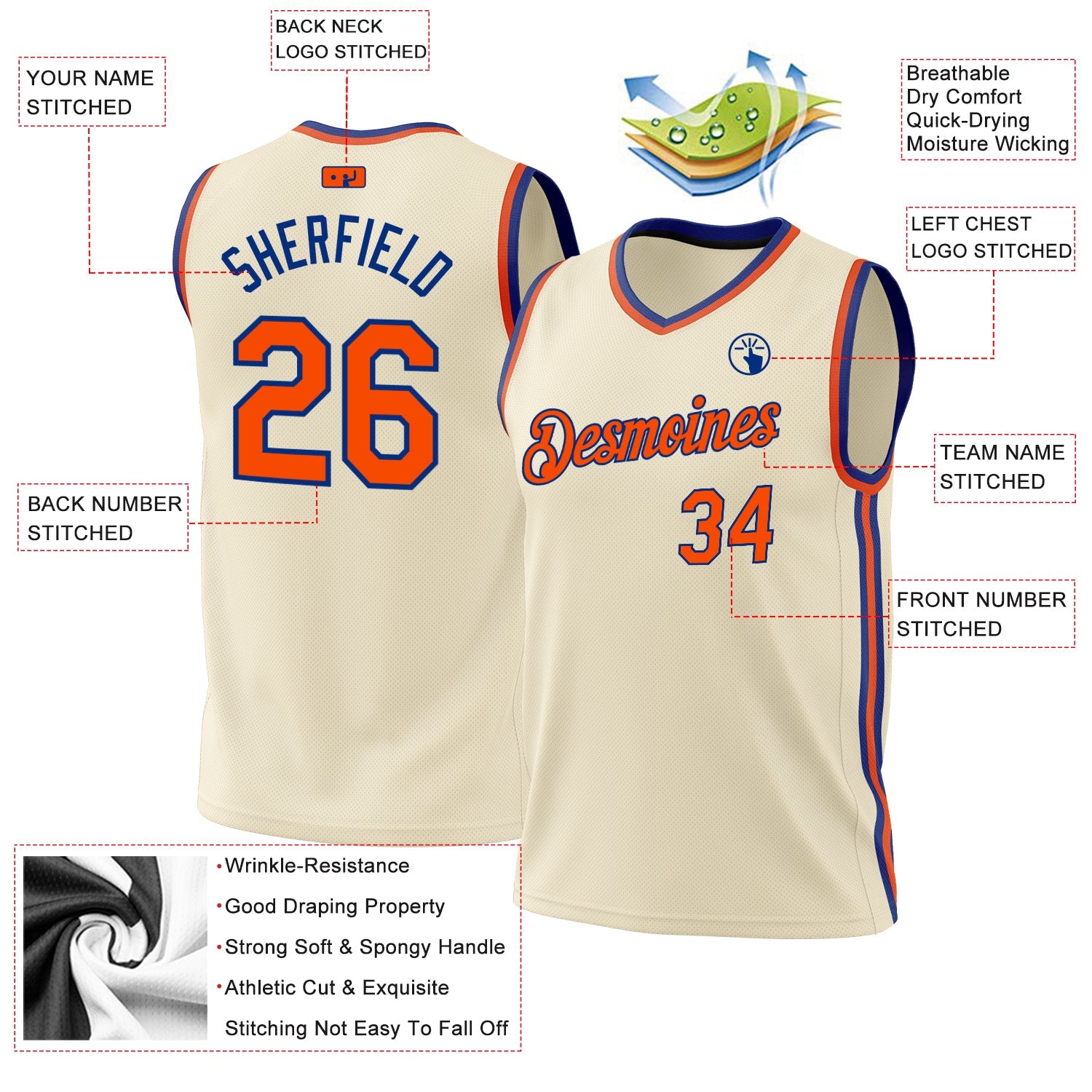 Custom Cream Orange-Royal Authentic Throwback Basketball Jersey - Sky-Custom