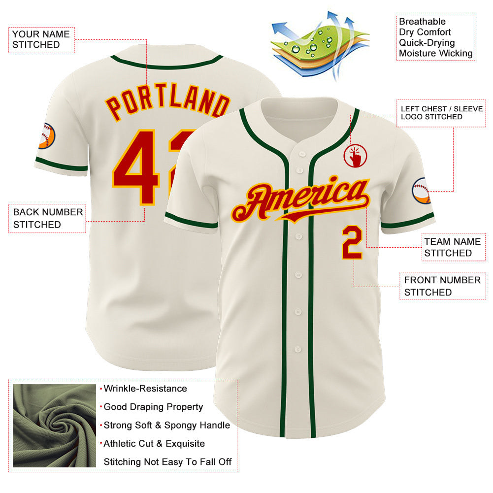 Custom Cream Red Gold-Green Authentic Baseball Jersey - Sky-Custom