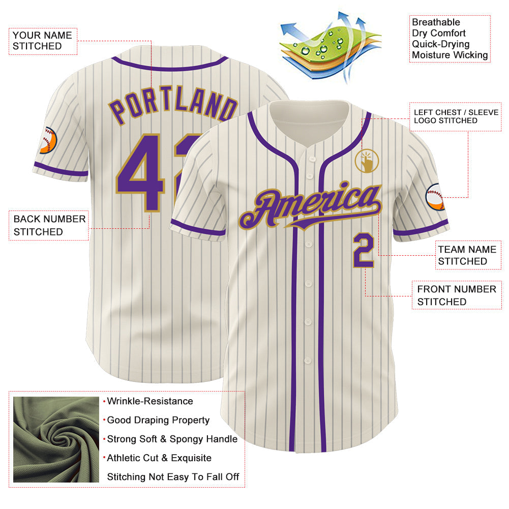 Custom Cream Gray Pinstripe Purple-Old Gold Authentic Baseball Jersey - Sky-Custom