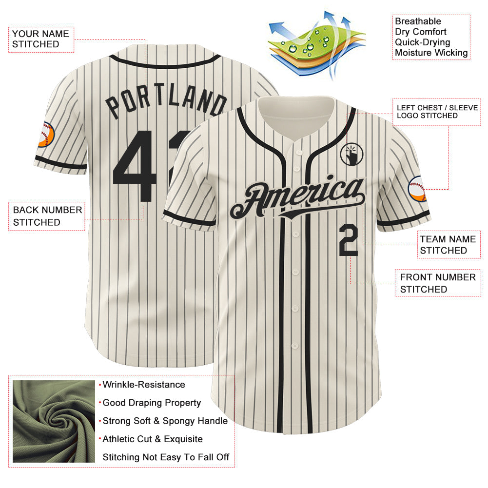 Custom Cream Black Pinstripe Black Authentic Baseball Jersey - Sky-Custom