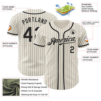 Custom Cream Black Pinstripe Black Authentic Baseball Jersey - Sky-Custom
