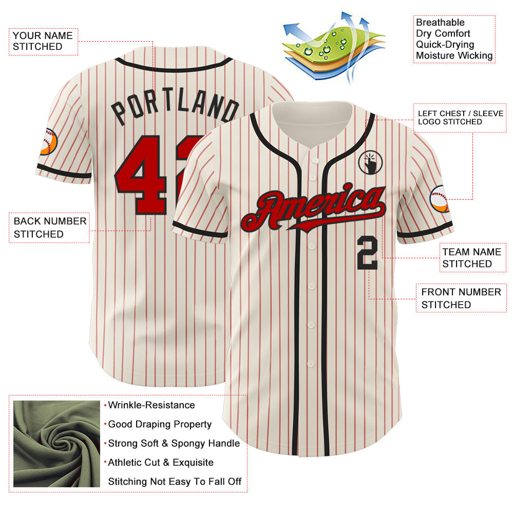 Custom Cream Red Pinstripe Black Authentic Baseball Jersey - Sky-Custom