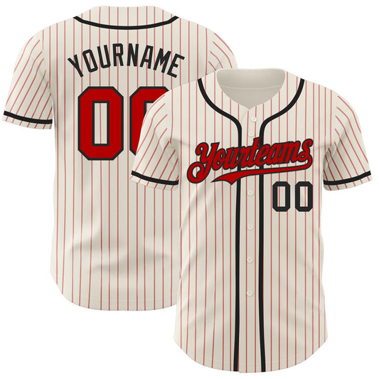 Custom Cream Red Pinstripe Black Authentic Baseball Jersey - Sky-Custom