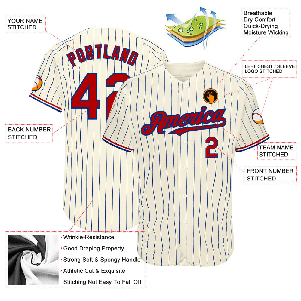 Custom Cream Royal Pinstripe Red-White Authentic Baseball Jersey - Sky-Custom