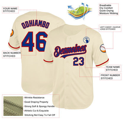 Custom Cream Royal-Red Mesh Authentic Throwback Baseball Jersey - Sky-Custom