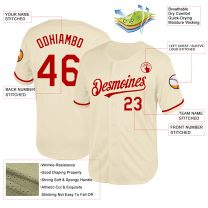 Custom Cream Red Mesh Authentic Throwback Baseball Jersey - Sky-Custom