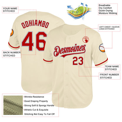 Custom Cream Red-Gray Mesh Authentic Throwback Baseball Jersey - Sky-Custom