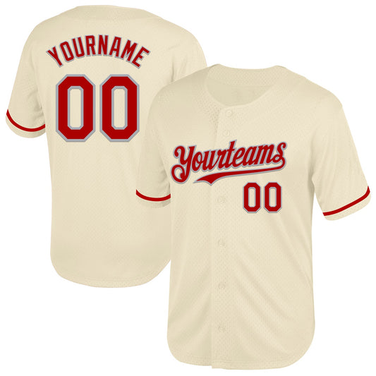 Custom Cream Red-Gray Mesh Authentic Throwback Baseball Jersey - Sky-Custom