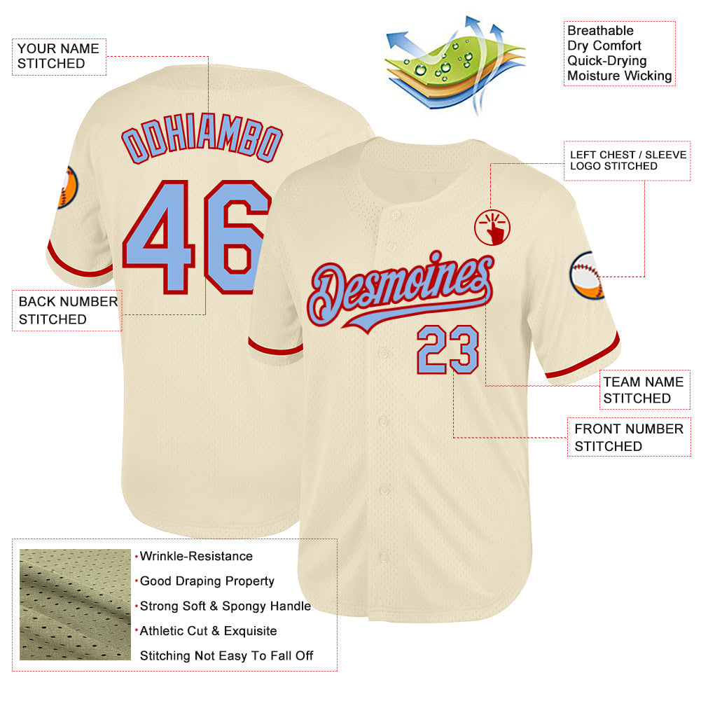 Custom Cream Light Blue-Red Mesh Authentic Throwback Baseball Jersey - Sky-Custom