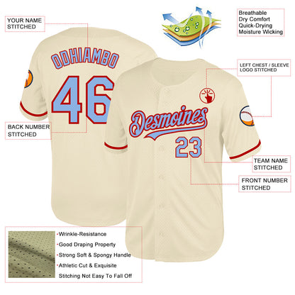 Custom Cream Light Blue-Red Mesh Authentic Throwback Baseball Jersey - Sky-Custom