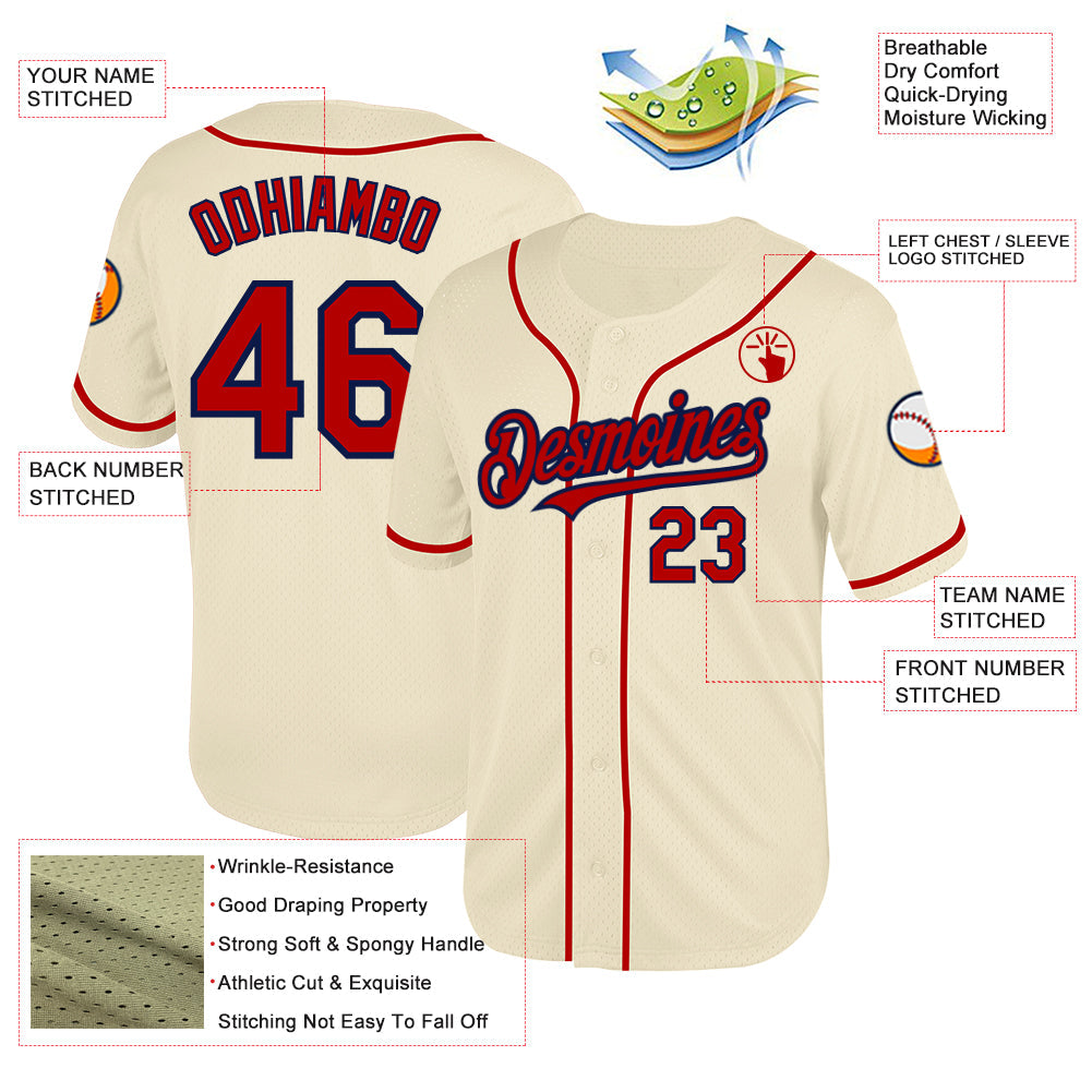 Custom Cream Red-Navy Mesh Authentic Throwback Baseball Jersey - Sky-Custom