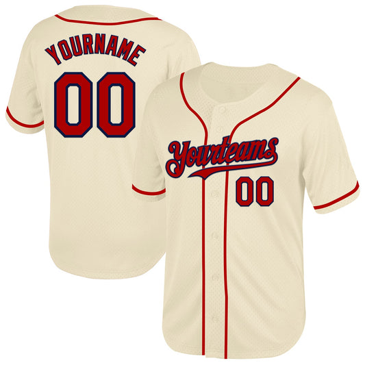 Custom Cream Red-Navy Mesh Authentic Throwback Baseball Jersey - Sky-Custom