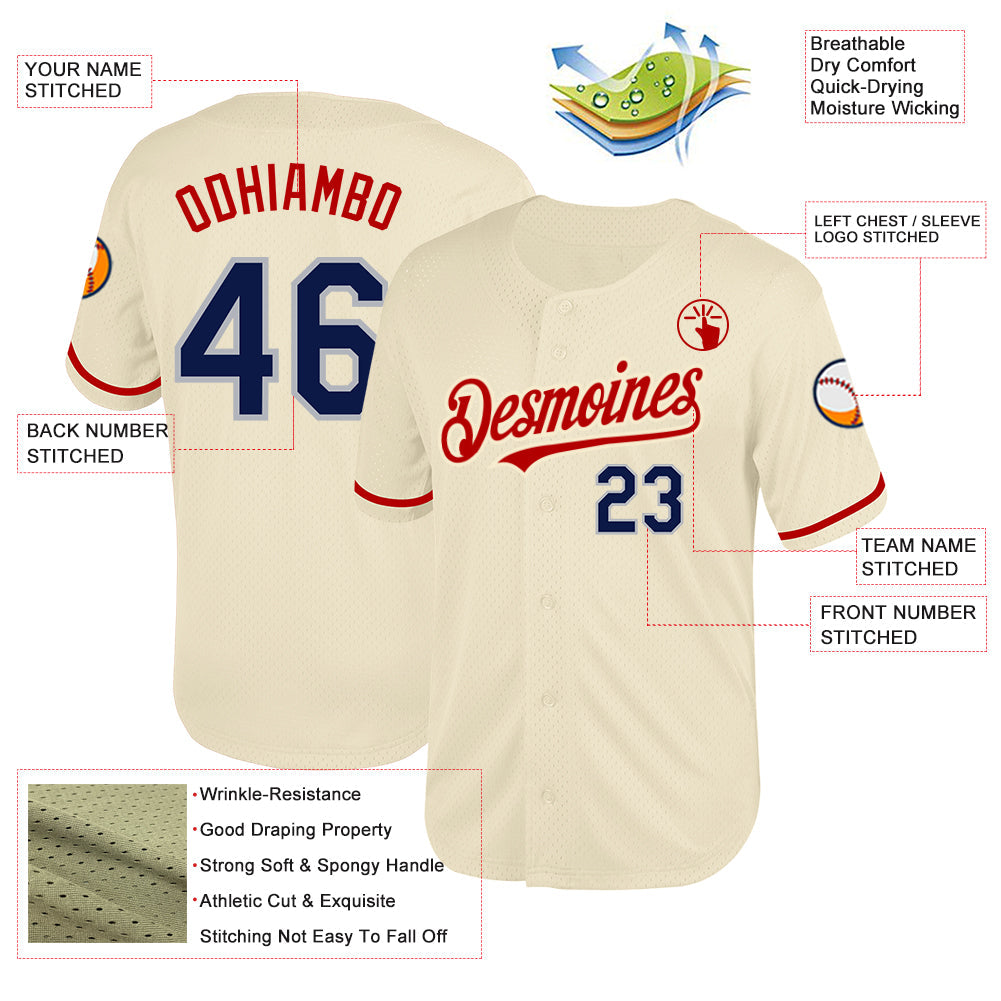 Custom Cream Navy Red-Gray Mesh Authentic Throwback Baseball Jersey - Sky-Custom