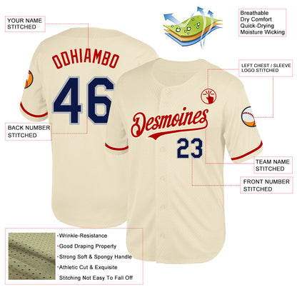Custom Cream Navy Red-Gray Mesh Authentic Throwback Baseball Jersey - Sky-Custom