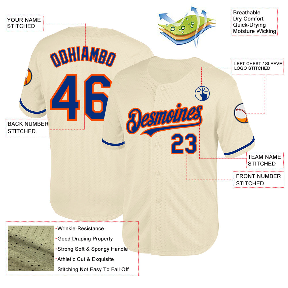 Custom Cream Royal-Orange Mesh Authentic Throwback Baseball Jersey - Sky-Custom