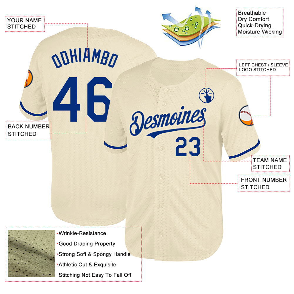 Custom Cream Royal Mesh Authentic Throwback Baseball Jersey - Sky-Custom