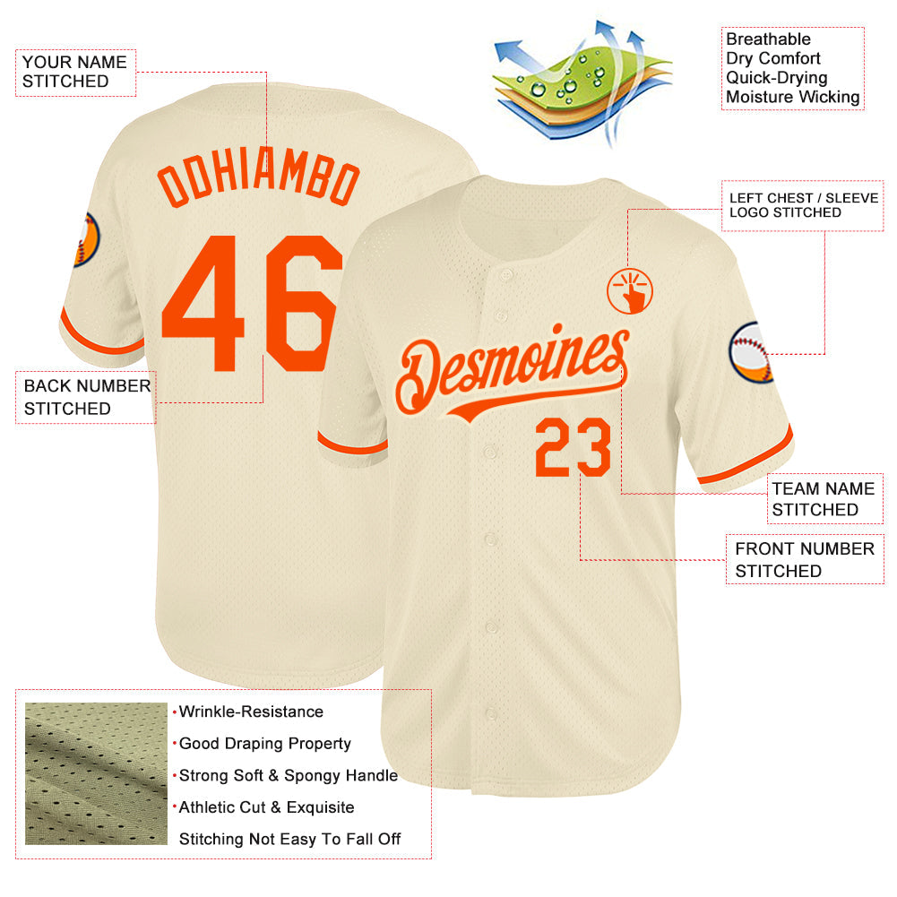 Custom Cream Orange Mesh Authentic Throwback Baseball Jersey - Sky-Custom