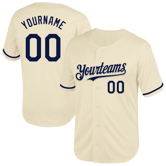 Custom Cream Navy Mesh Authentic Throwback Baseball Jersey - Sky-Custom