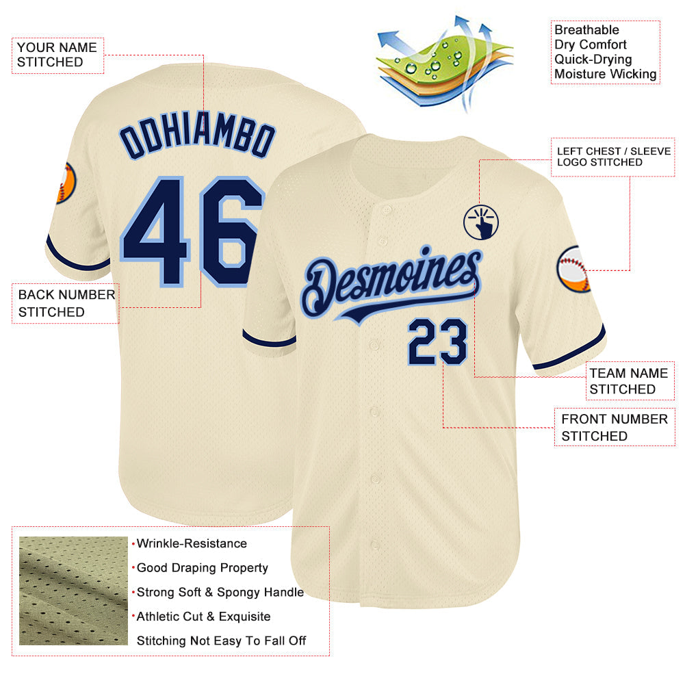 Custom Cream Navy-Light Blue Mesh Authentic Throwback Baseball Jersey - Sky-Custom