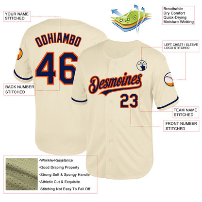 Custom Cream Navy-Orange Mesh Authentic Throwback Baseball Jersey - Sky-Custom