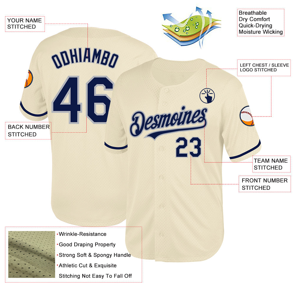 Custom Cream Navy-Gray Mesh Authentic Throwback Baseball Jersey - Sky-Custom