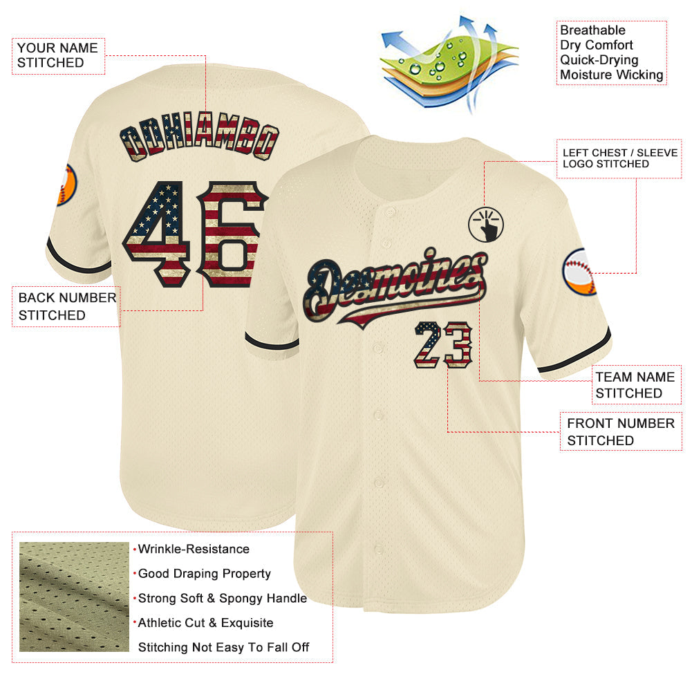 Custom Cream Vintage USA Flag-Black Mesh Authentic Throwback Baseball Jersey - Sky-Custom