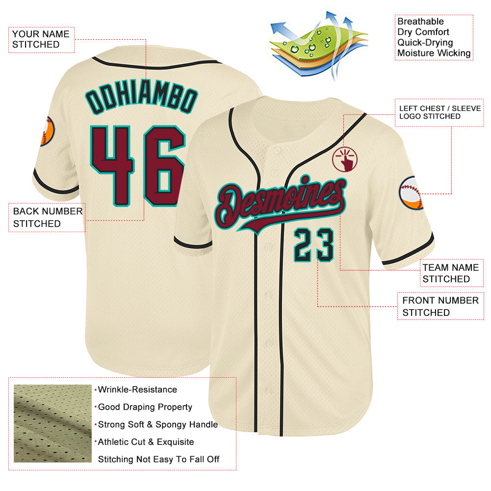Custom Cream Crimson Black-Aqua Mesh Authentic Throwback Baseball Jersey - Sky-Custom