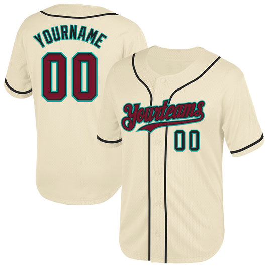 Custom Cream Crimson Black-Aqua Mesh Authentic Throwback Baseball Jersey - Sky-Custom