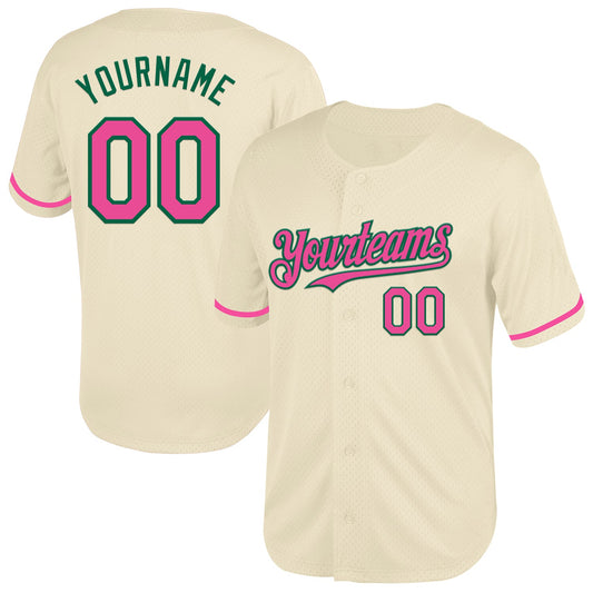 Custom Cream Pink-Kelly Green Mesh Authentic Throwback Baseball Jersey - Sky-Custom