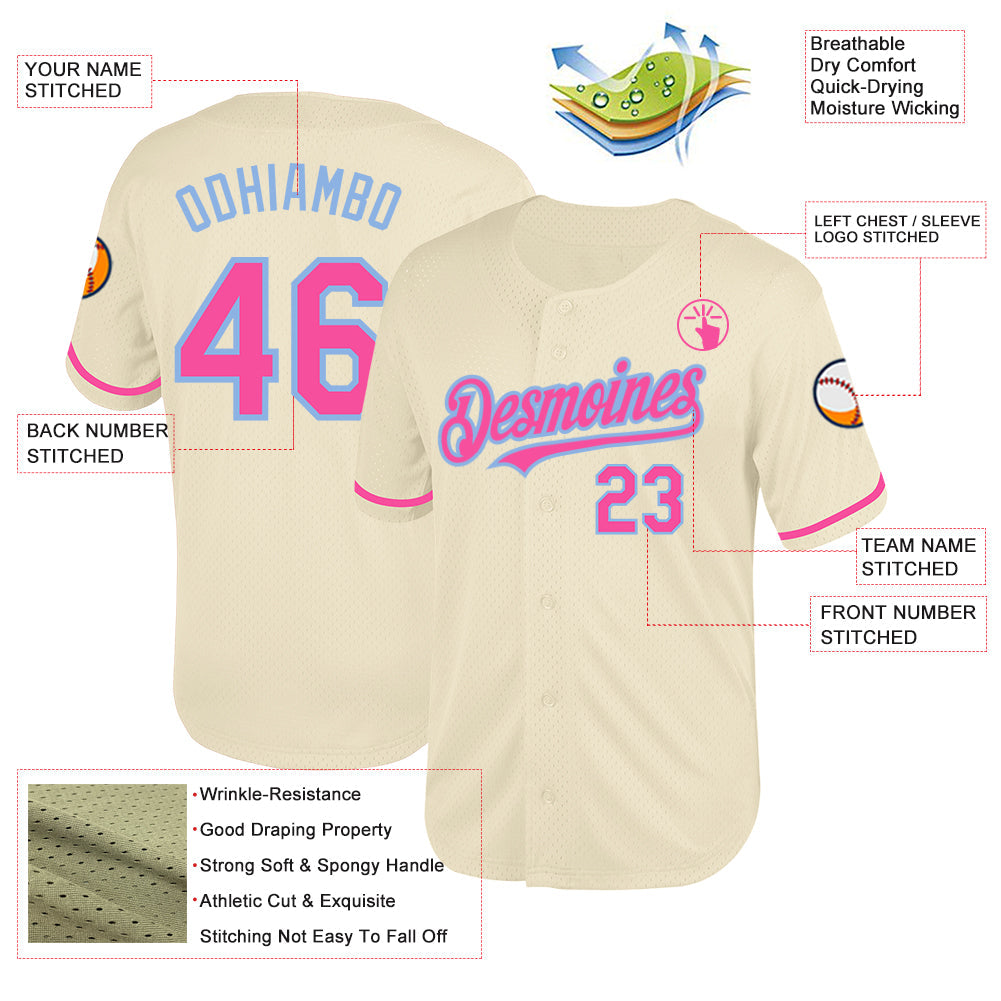 Custom Cream Pink-Light Blue Mesh Authentic Throwback Baseball Jersey - Sky-Custom