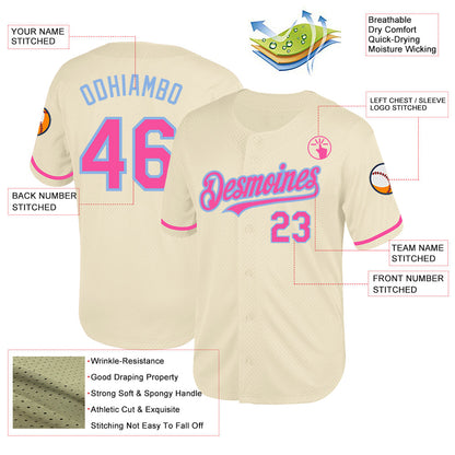 Custom Cream Pink-Light Blue Mesh Authentic Throwback Baseball Jersey - Sky-Custom