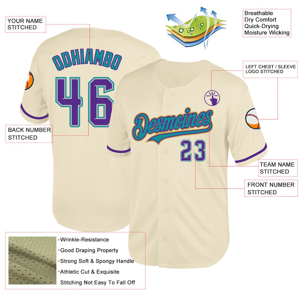 Custom Cream Purple Gray Teal-Old Gold Mesh Authentic Throwback Baseball Jersey - Sky-Custom