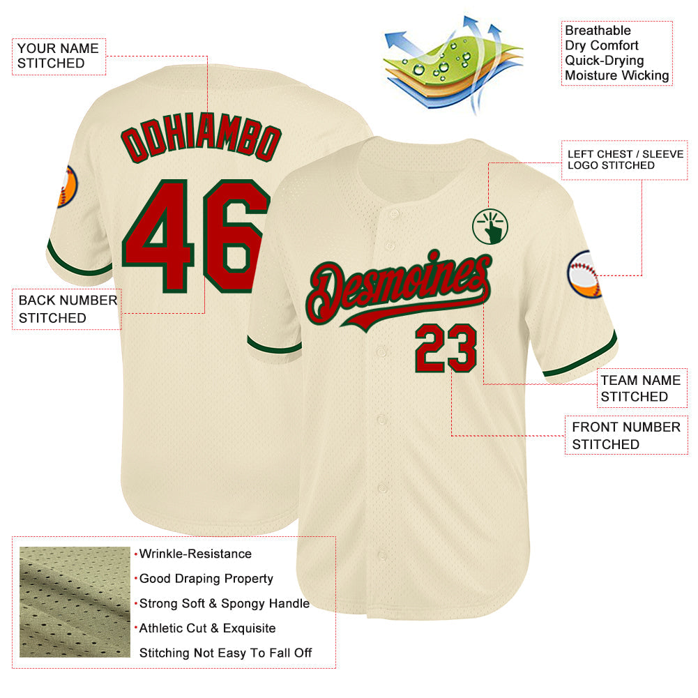 Custom Cream Red-Green Mesh Authentic Throwback Baseball Jersey - Sky-Custom