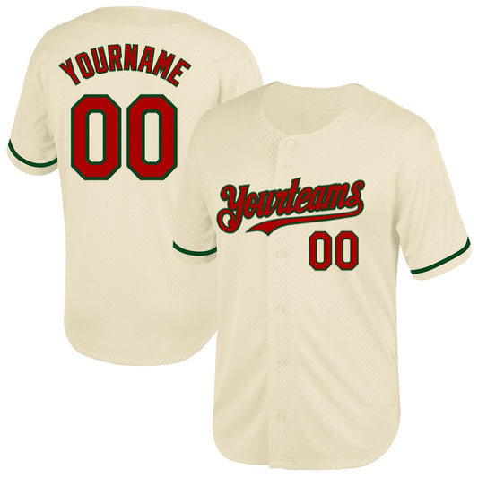 Custom Cream Red-Green Mesh Authentic Throwback Baseball Jersey - Sky-Custom