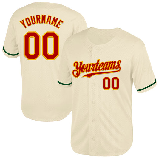 Custom Cream Red-Gold Mesh Authentic Throwback Baseball Jersey - Sky-Custom