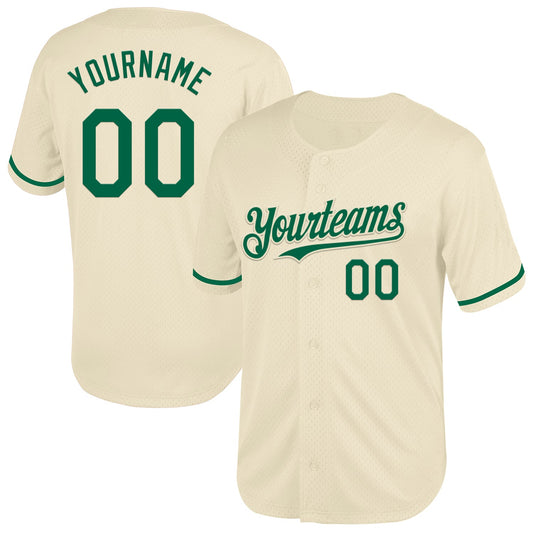 Custom Cream Kelly Green Mesh Authentic Throwback Baseball Jersey - Sky-Custom