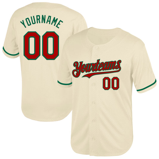 Custom Cream Red-Kelly Green Mesh Authentic Throwback Baseball Jersey - Sky-Custom