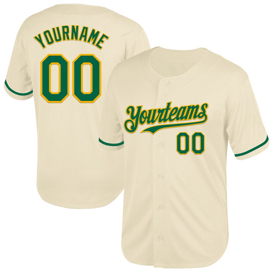 Custom Cream Kelly Green-Gold Mesh Authentic Throwback Baseball Jersey - Sky-Custom