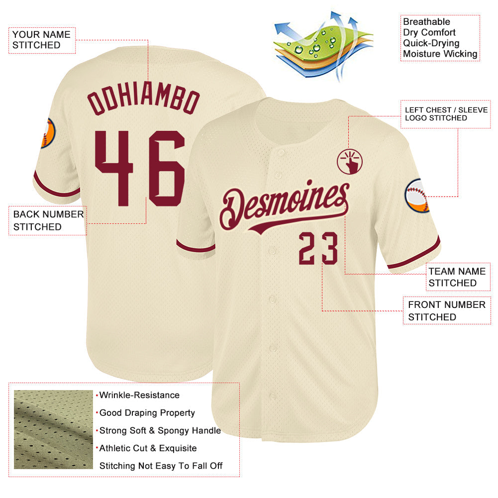 Custom Cream Crimson Mesh Authentic Throwback Baseball Jersey - Sky-Custom