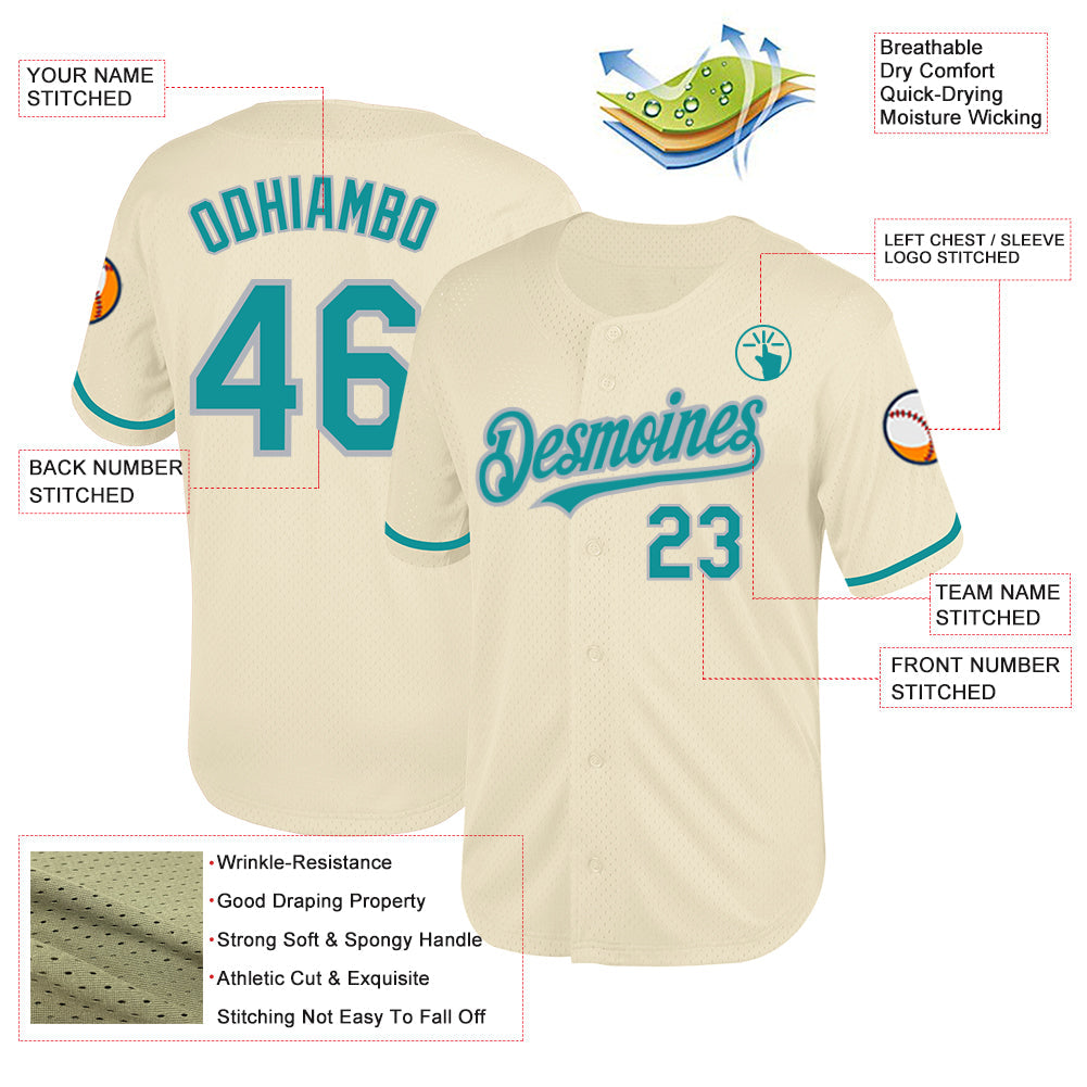 Custom Cream Teal-Gray Mesh Authentic Throwback Baseball Jersey - Sky-Custom
