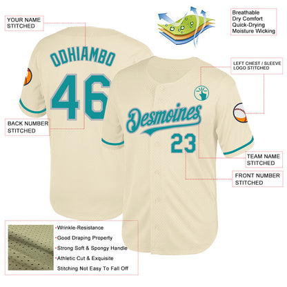 Custom Cream Teal-Gray Mesh Authentic Throwback Baseball Jersey - Sky-Custom
