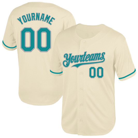 Custom Cream Teal-Gray Mesh Authentic Throwback Baseball Jersey - Sky-Custom