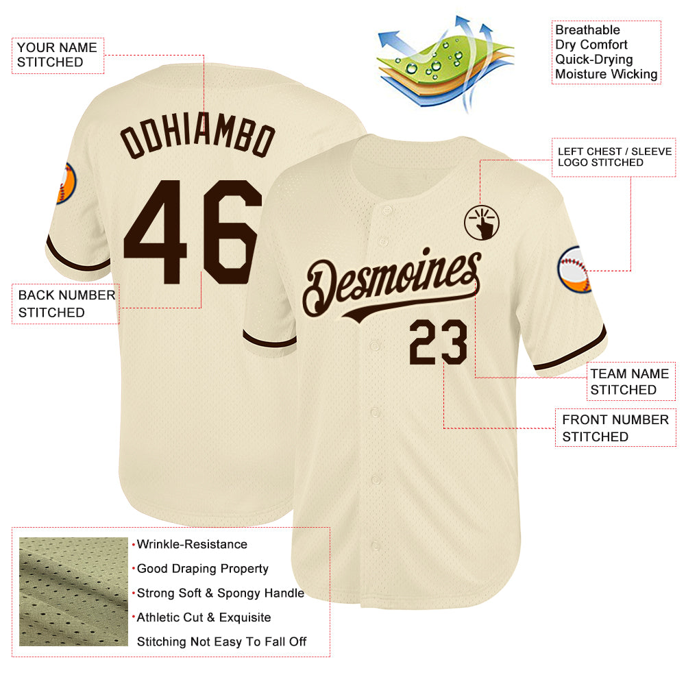 Custom Cream Brown Mesh Authentic Throwback Baseball Jersey - Sky-Custom