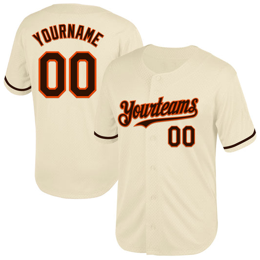 Custom Cream Brown-Orange Mesh Authentic Throwback Baseball Jersey - Sky-Custom