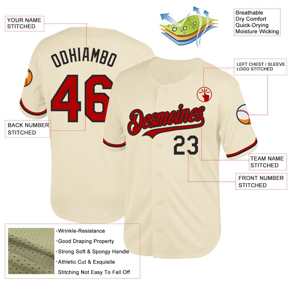 Custom Cream Red-Black Mesh Authentic Throwback Baseball Jersey - Sky-Custom
