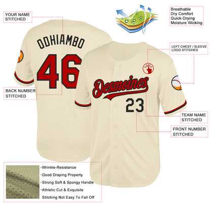 Custom Cream Red-Black Mesh Authentic Throwback Baseball Jersey - Sky-Custom