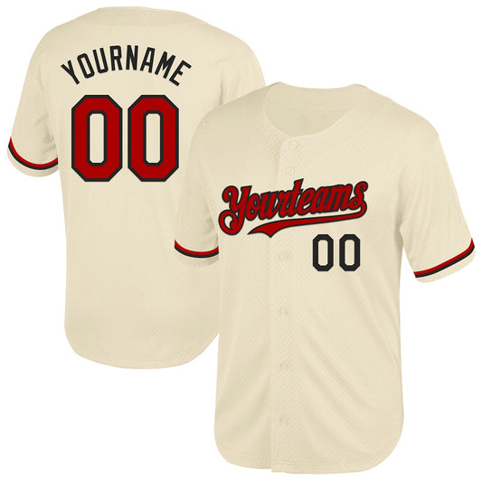 Custom Cream Red-Black Mesh Authentic Throwback Baseball Jersey - Sky-Custom