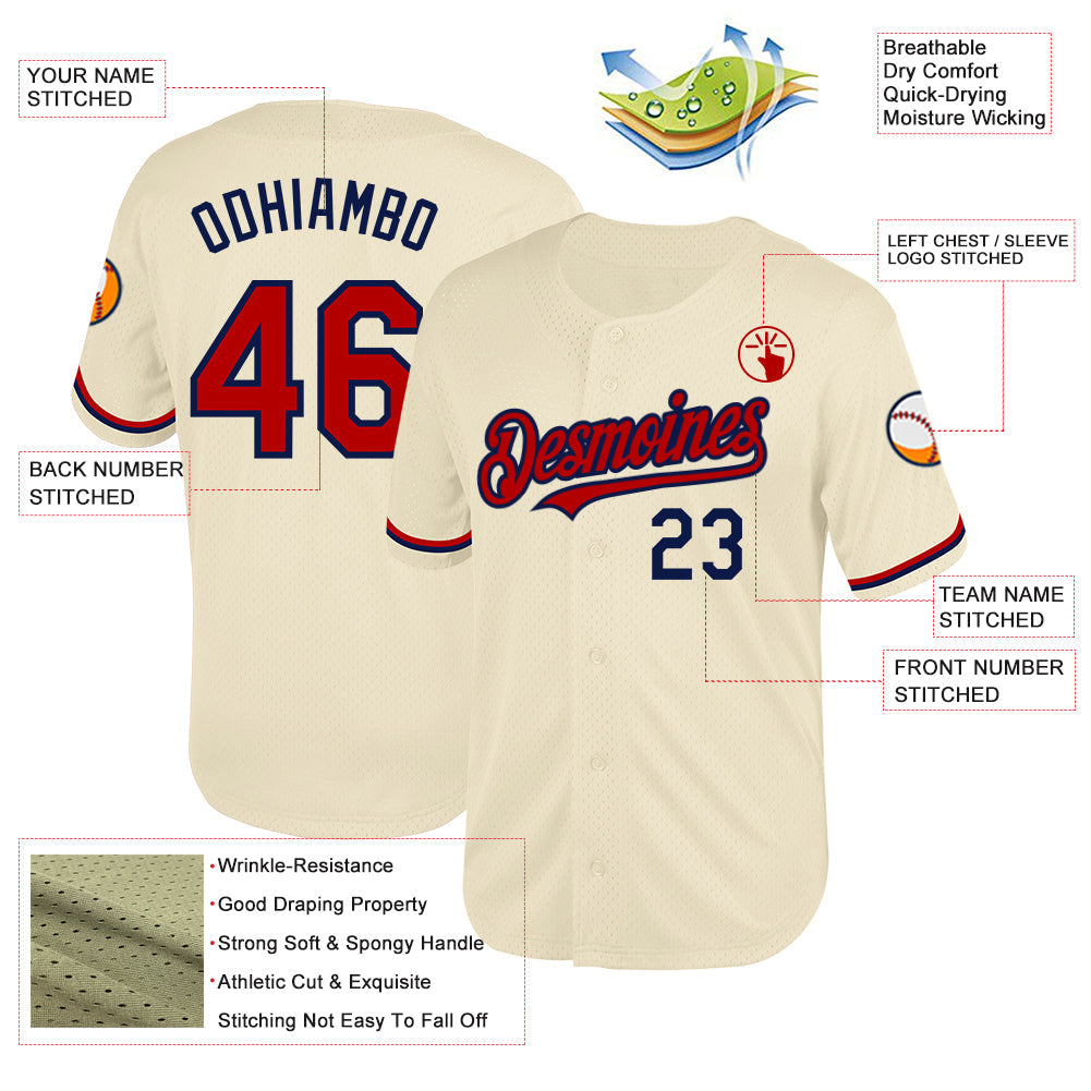 Custom Cream Red-Navy Mesh Authentic Throwback Baseball Jersey - Sky-Custom