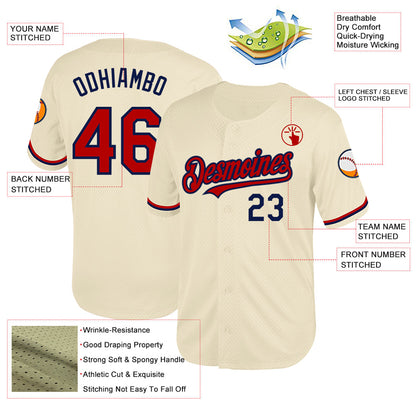 Custom Cream Red-Navy Mesh Authentic Throwback Baseball Jersey - Sky-Custom