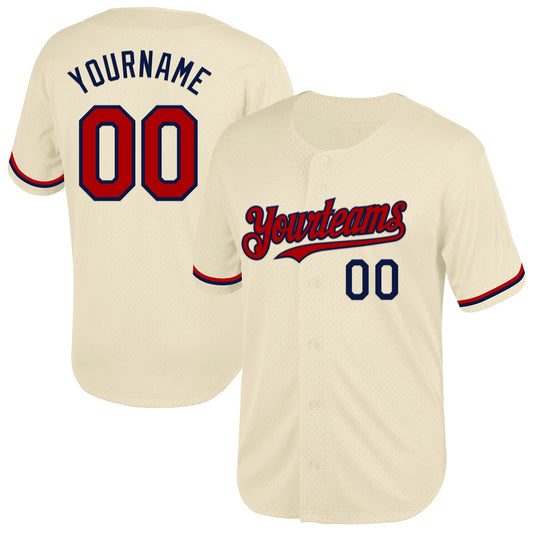 Custom Cream Red-Navy Mesh Authentic Throwback Baseball Jersey - Sky-Custom